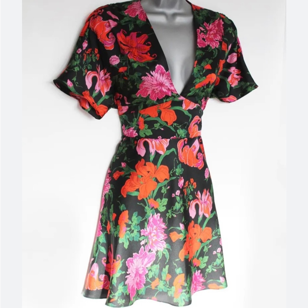 Zara Mini Dress, black with bright floral print hues, Size M